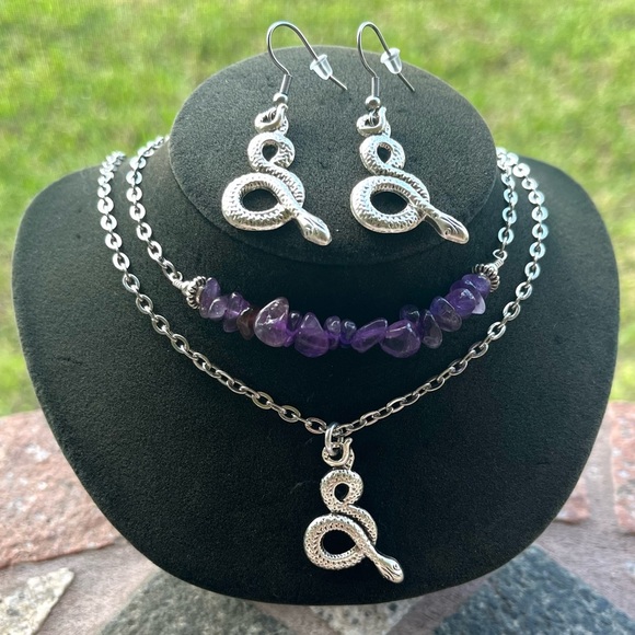 Set ! Amethyst double layer necklace snake + matching earrings boho goth celtic - Picture 10 of 11